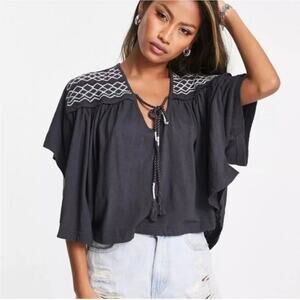 Free People Washed Black Market Embroidered V-Neck Top Size Large